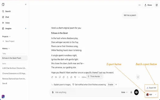 Grok to PDF ডাউনলোড করুন – Grok চ্যাট PDF বা Markdown-এ সেভ করুন - Screenshot 1